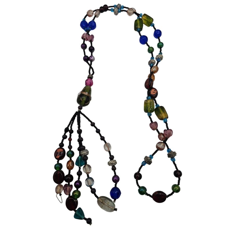 28" Seed Beads Necklace interspersed round and square beads, Tassel Pendant